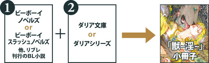 1.ビーボーイノベルズorビーボーイスラッシュノベルズ 他、リブレ出版刊行のBL小説＋2.ダリア文庫orダリアシリーズ→「淫」小冊子
