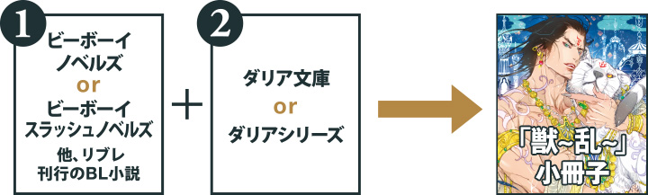 1.ビーボーイノベルズorビーボーイスラッシュノベルズ 他、リブレ出版刊行のBL小説＋2.ダリア文庫orダリアシリーズ→「乱」小冊子