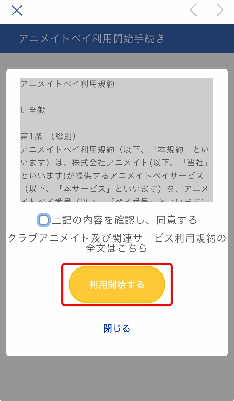 規約に同意して「利用開始する」をタップ